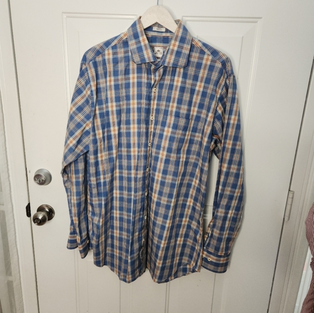 Peter Millar Long Sleeve Blue and Brown Plaid ‎ Size Large